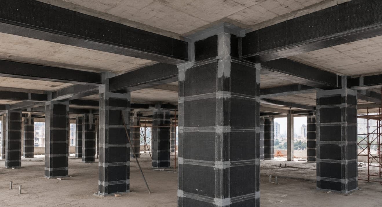 CFRP wrapping bonded to columns and beams across a full floor plate.