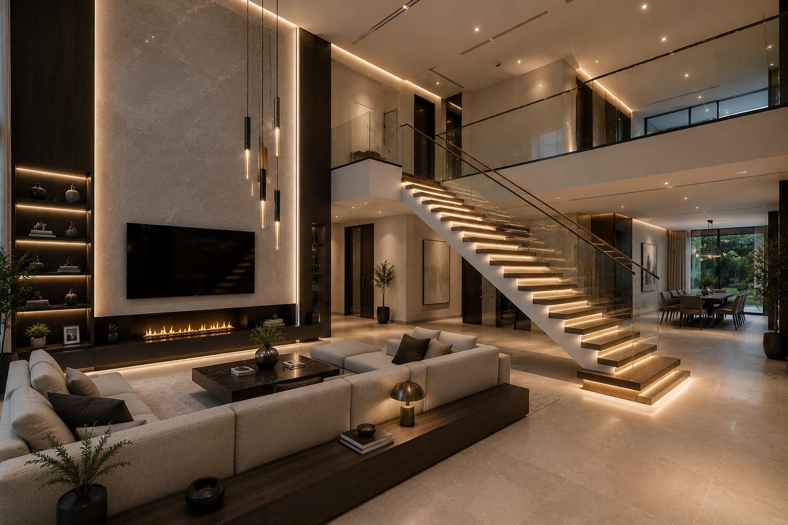 Design visualization of a double-height living space with marble feature wall and floating stair.